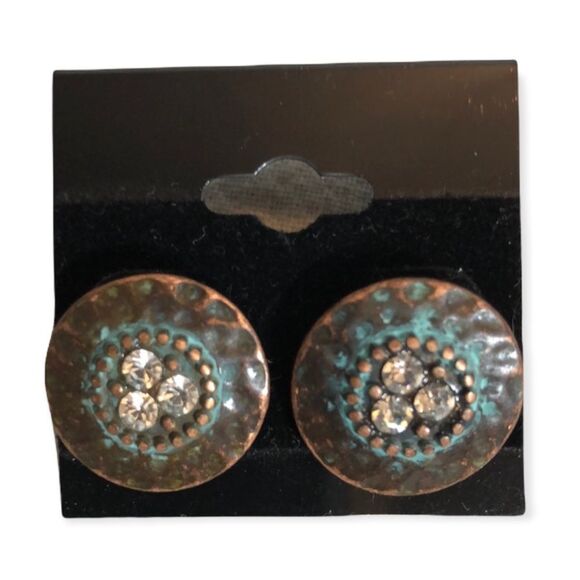 Handcrafted One of a Kind Beaten Round Copper Earrings Rhinestones NEW - Picture 1 of 7